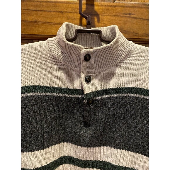 Chaps Men’s Sweater Size Large 100% Cotton Striped Heavy Knit EUC Tan & Gray - Picture 3 of 10